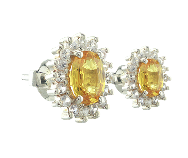 STERLING SILVER EARRING PAIR SET WITH 02 YELLOW SAPPHIRES AND 32 WHITE SAPPHIRES
